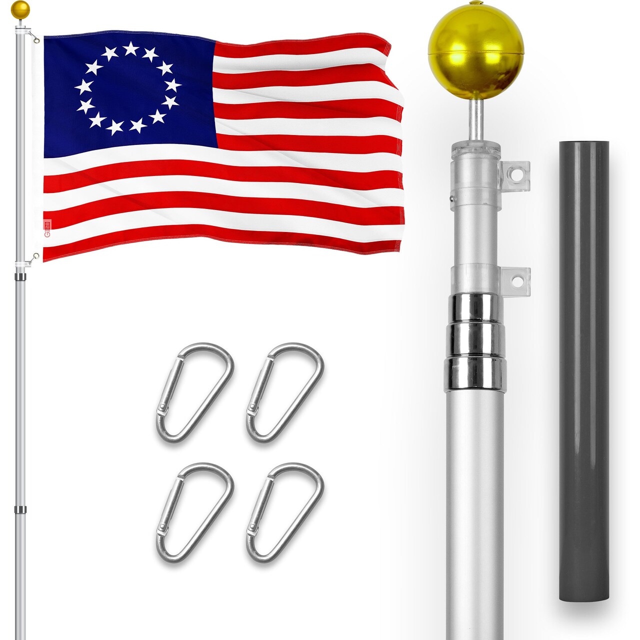 G128 Combo Pack: 16 Ft Telescoping Aluminum Flagpole (Silver) & Betsy Ross Flag 3x5 Ft, ToughWeave Series Embroidered 300D Polyester | Pole with Flag Included